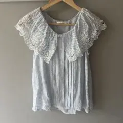 archives ノースリーブ 花刺繍 襟 トップス ブラウス 水色