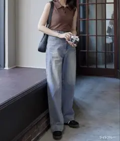 CHAN ME ウエストボタンデニムワイドパンツ ロング丈　ライトブルー　S