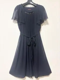 【美品】アマカ ネイビー ビジューワンピース シルク パーティ シフォン 38