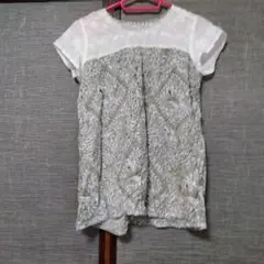 葉柄プリント 半袖トップス ホワイト/オリーブグリーン