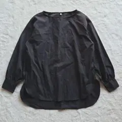 ブラウス 長袖 オーバーサイズ ストレッチ ボートネック シンプル 前後差 黒