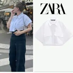 ZARA ギャバジンファブリック クロップドシャツ ホワイト L