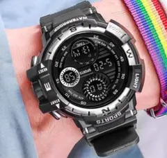 l13メンズ スポーツ 腕時計 シルバー ブラック デジタル 多機能 LED