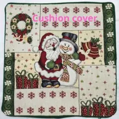サンタ 雪ダルマ 緑 クリスマス クッションカバー ゴブラン織り 未使用品 良品
