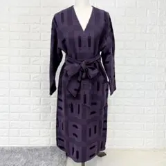 タケゾー【M相当】紫 幾何学柄 ワンピース Vネック ウエストリボン 秋冬