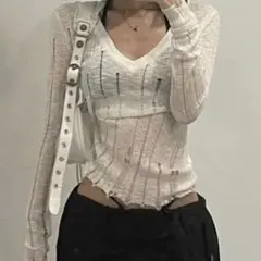 SHEIN ホワイト Vネック リブ編み長袖トップス