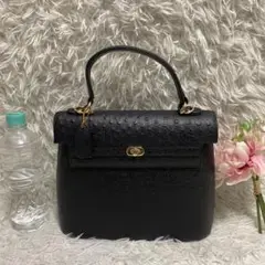 美品 LEATHER ハンドバック レザー 革 黒 オーストリッチ ヴィンテージ