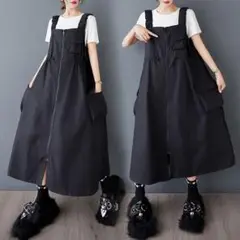 人気を獲得☆おしゃれ サスペンダーワンピース ジッパー 大きなポケット 無地