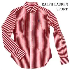 【美品】ラルフローレンスポーツ長袖ストライプシャツ純正カラーキーパー付 麻綿/赤