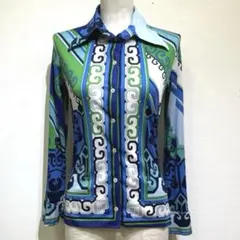 1970’s ヴィンテージ幾何学模様の青緑長袖シャツ　レトロ