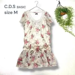 C.D.S BASIC チュニック　シアー素材　フリル　レース　【M】 花柄