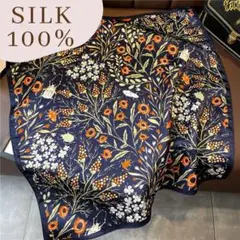 【新品】シルク100% スカーフ 53cm 正方形 花柄 フローラル ブラック