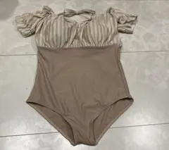 ベージュ ストライプ柄 パフスリーブ 水着