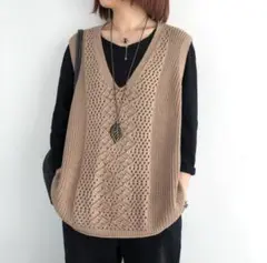 ニットベスト ブラウン 透かし編み ジレ レディース フリーサイズ 春夏