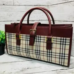 美品 バーバリー ハンドバッグ トートバッグ ノバチェック柄 ワインレッド