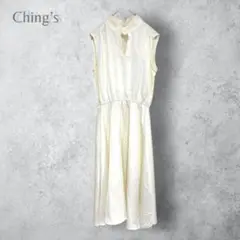 【Ching’s】　ノースリーブワンピース　ミモレ丈　ハイネック　無地　白