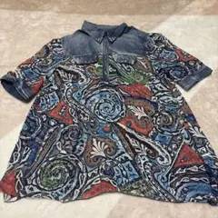 デニム×ペイズリー柄 襟付きチュニック M~L ☆美品☆