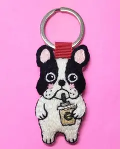 ワンちゃんキーホルダー刺繍☆コーヒータイム（フレンチブルドック）