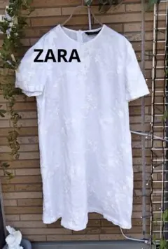 【美品】ZARA刺繍リネンチュニック 半袖　ホワイト