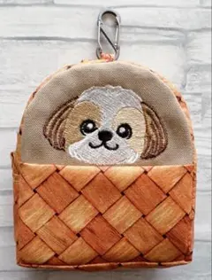 ハンドメイド　刺繍　ひょっこり　シーズー　ミニリュック型ポーチ　犬
