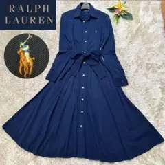 美品 ラルフローレン シャツワンピース ネイビー カラーポニー 刺繍 マキシ S
