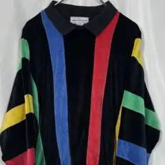 90s 古着 モード ストライプ ベロアプルオーバー ポロスウェット XLサイズ