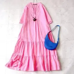 極美品 ザラ ZARA リネン混 スキッパー ティアードロングワンピース ピンク