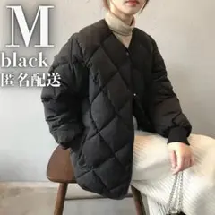 797 襟なし ダウンジャケット M 中綿　キルティング　ブラック　ノーカラー