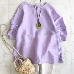 美品 アンタイトル XL相当 接触冷感 リネン混 手洗い可 ブラウス◆パープル