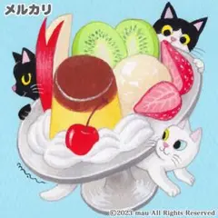 原画「三匹の猫とプリンアラモード」猫/レトロ/スウィーツ/イラスト/アート/絵画