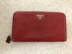 美品 プラダ PRADA 長財布 牛革 パイピング 折財布 赤 ラウンド