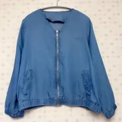 【美品✨️】ノーカラー デニム風 長袖ジャケット ライトブルー