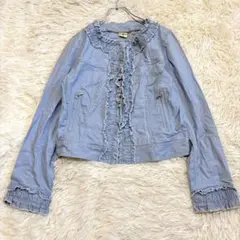 n6648 美品✨リネン混ノーカラーデニムジャケット M フリル コットン 薄手