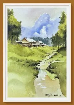 田舎の風景 油彩画 二つのパネル 数字塗り絵 ぬりえ 油絵風 田園風景 田舎 アニメーション 山 湖