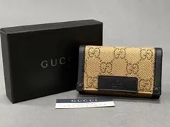 GUCCI 本革レザーGG柄キャンバス二つ折りキーケース キーリング キャメル