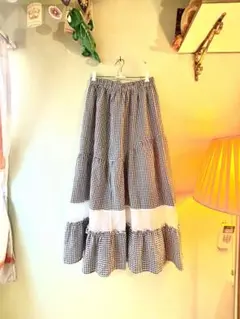 ギンガムチェック ティアードロングスカート　古着