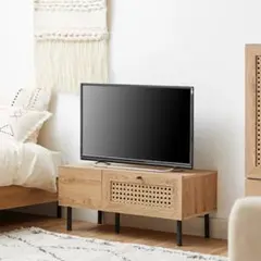 【LOWYA製】ラタン調テレビボード 幅80 コード穴付き 脚付きデザイン