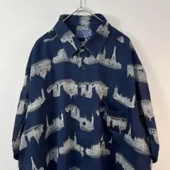 日本製 90s ROSAN 総柄 ポリ シャツ ネイビー