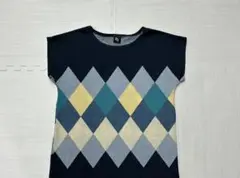 vintage アーガイル柄 カットソー 半袖 トップス ネイビー 古着