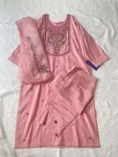 S16 訳あり シルク 手刺繍 クルタ サルワル ドゥパタ 3点セット くすみ