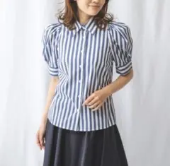 美品 M【NARACAMICIEストライプギャザースリーブシャツ】