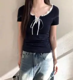 フリルネックリボンTシャツ ネイビー 半袖