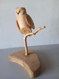 木の枝フクロウ彫刻 立体オブジェ