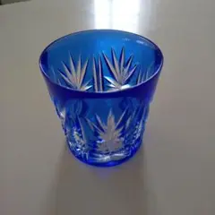 青色葉模様カットグラス2個セット