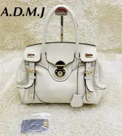 【A.D.M.J】 ハンドバッグ アイボリー シボ革 鍵 ロック金具 フラップ