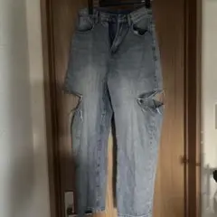 肌見せ可愛いワイドデニムパンツ　デニム