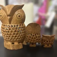 木製フクロウ彫刻 3点セット送料込み