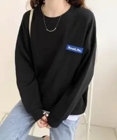 【新品】　ワッフル素材 ワンポイント トップス　M　ブラック