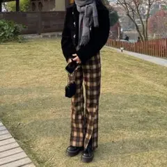 レトロチェック スリットパンツ ボトムス レディース ブラウン ベージュ M
