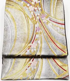振袖用 袋帯 正絹 銀 金 桜 熨斗文 Lサイズ F5791 中古美品